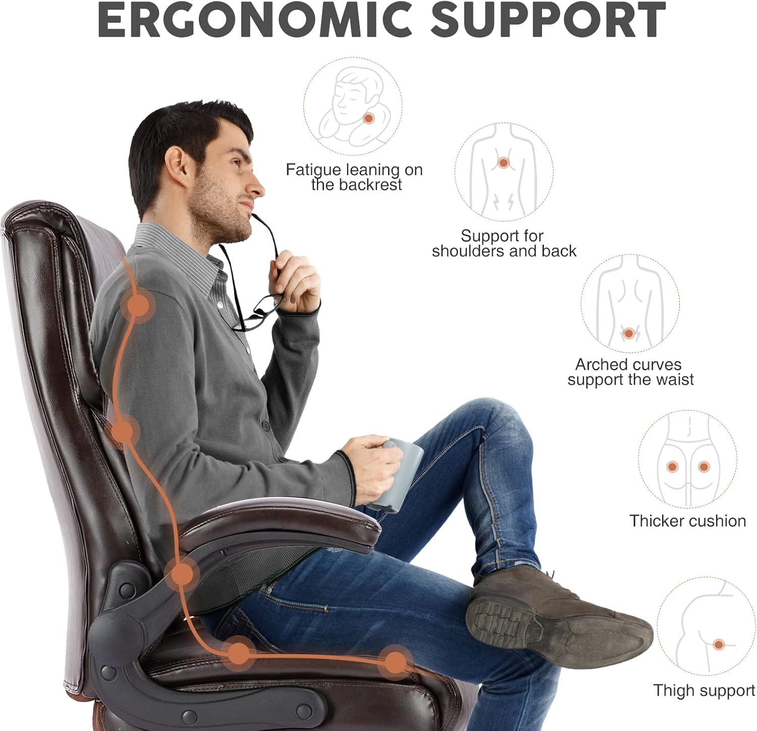 Executive PU Leather High Back Flip-Up Armrest Adjustable Ergonomic Home Office Desk Chair, Brown