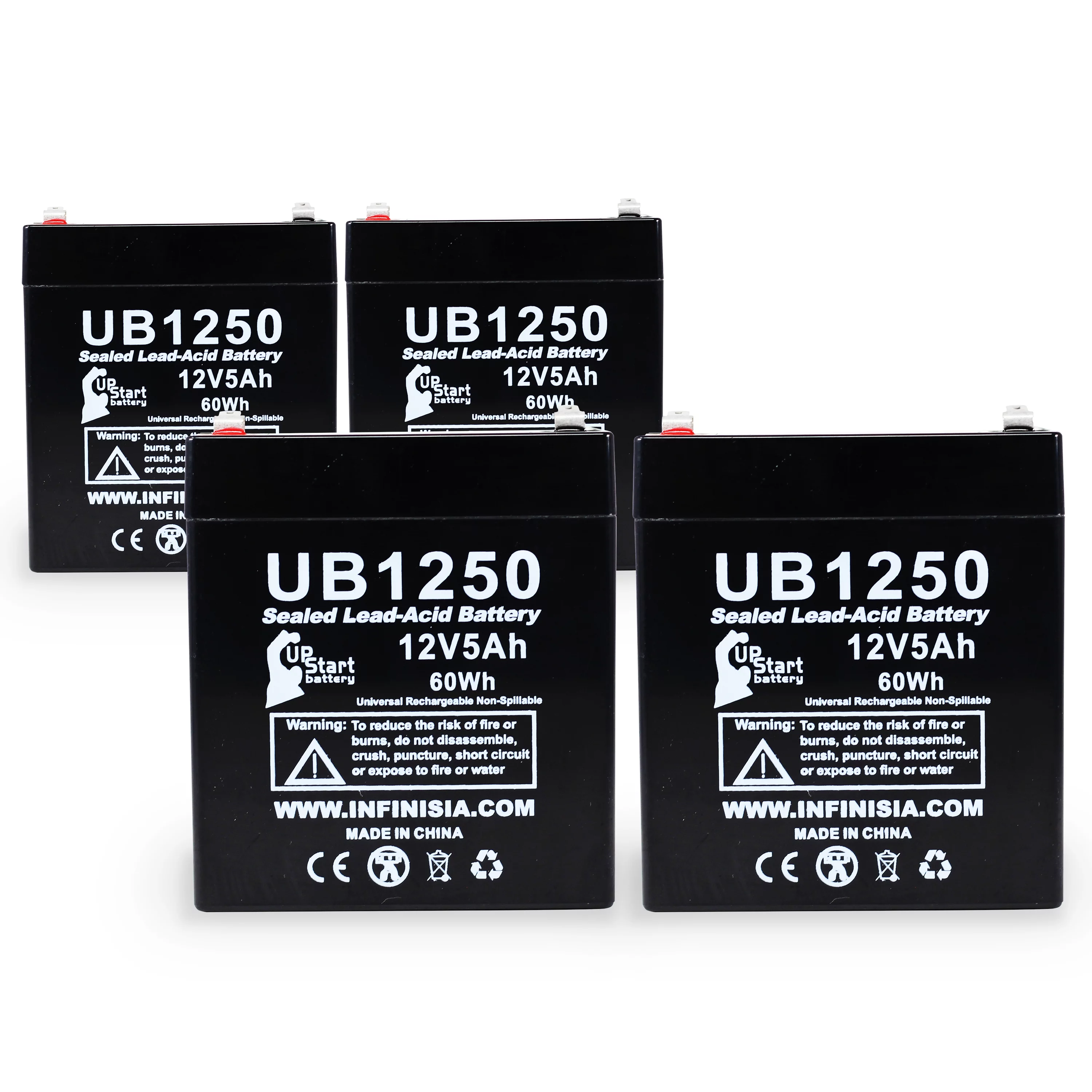 4x Pack - APC BACK-UPS ES 500VA BE500 Battery Replacement - UB1250 Universal Sealed Lead Acid Battery (12V, 5Ah, 5000mAh, F1 Terminal, AGM, SLA) - Includes 8 F1 to F2 Terminal Adapters