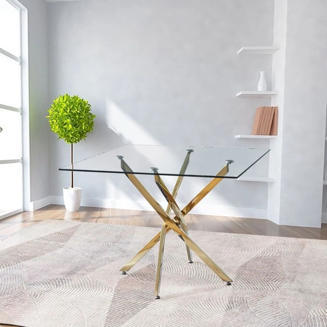 Contemporary Square Dining Tempered Glass Table with Stainless Steel Legs gold