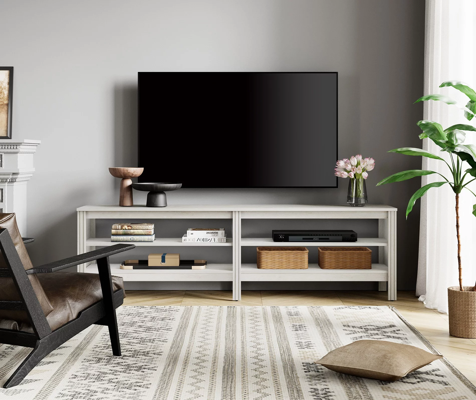 White TV Stand for 75 Inch TV, Farmhouse Wood TV Cabinet with 4 Cubby for Living Room Bedroom,70 inch