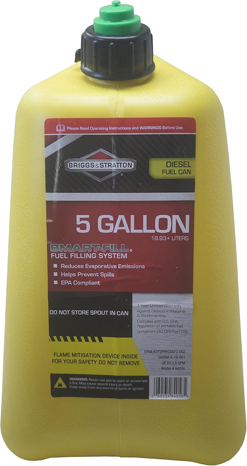 Briggs & Stratton Five Gallon Diesel Can, EPA Approved, Smart Fill Spout, and Fire Mitigation (FMD) Compliant