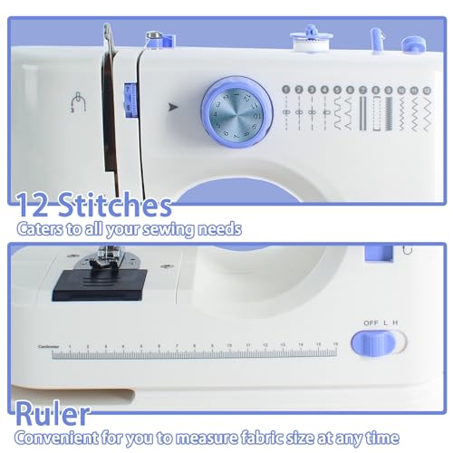 Sewing Machine for Beginners with 20 Pcs Fabric and 32 Pcs Sewing Threads Kit,Portable Sewing Machine with 12 Built-in Stitches,2 Speed(High-Low Speeds) - White Blue