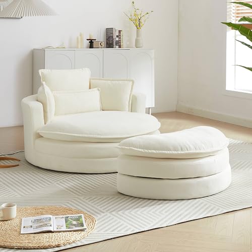 DEINPPA Modern Accent Barrel Sofa Swivel Barrel Chair with Storage Ottoman, Sofa Club Lounge,Sherpa Fabric Round Chair with 3 Pillows Soft Cushions for Living Room (White+Sherpa Fabric+Sponge)