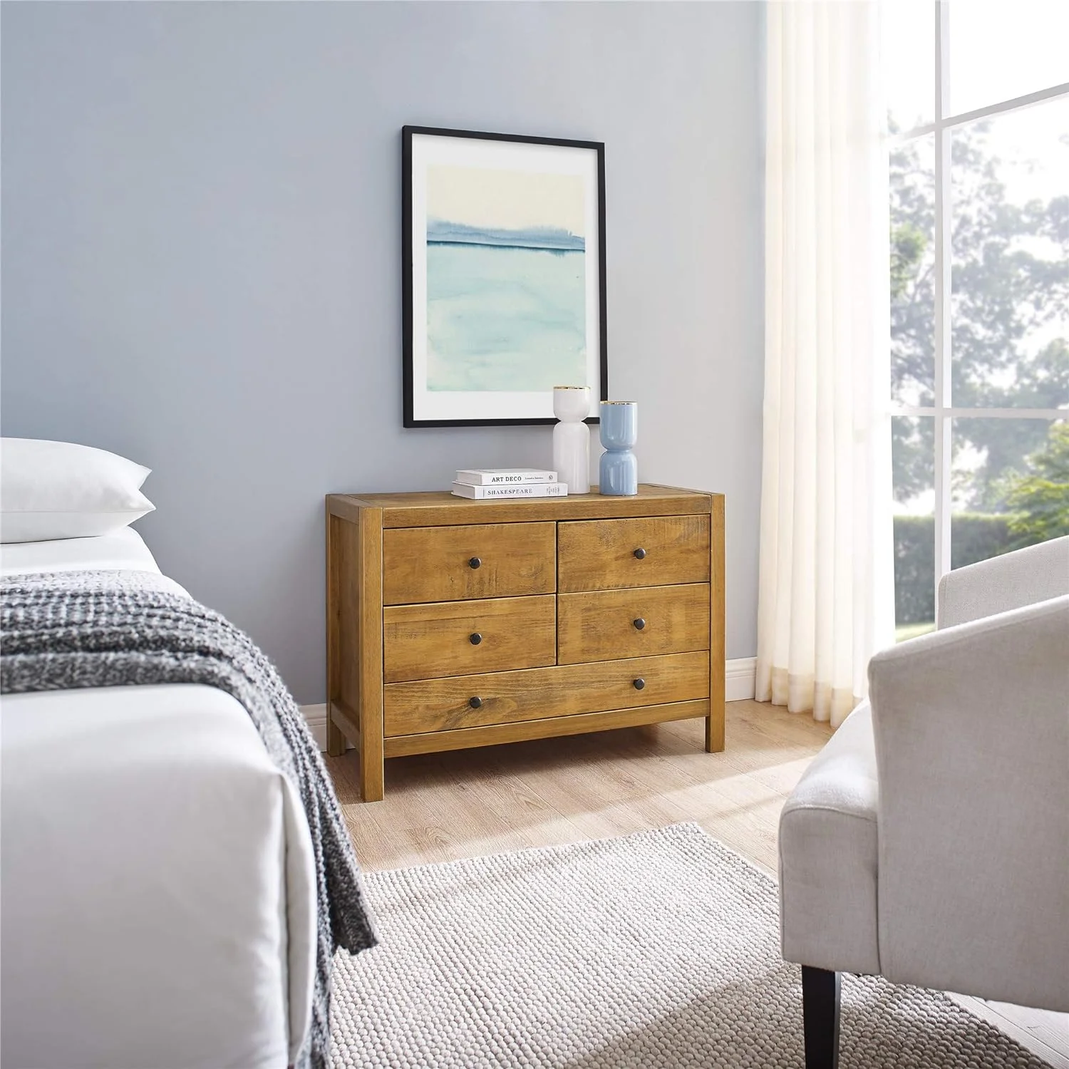 Rustic Wood With 5-Drawer Dresser,Storage Night Stand,Round Metal Knobs,Rustic Oak Finish