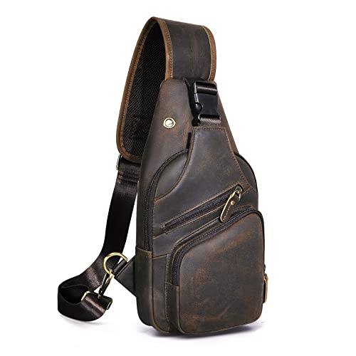 Le'aokuu Men Fashion Casual Tea Designer Travel Hiking Crossbody Chest Sling Bag Rig One Shoulder Strap Bag Men Leather 8015
