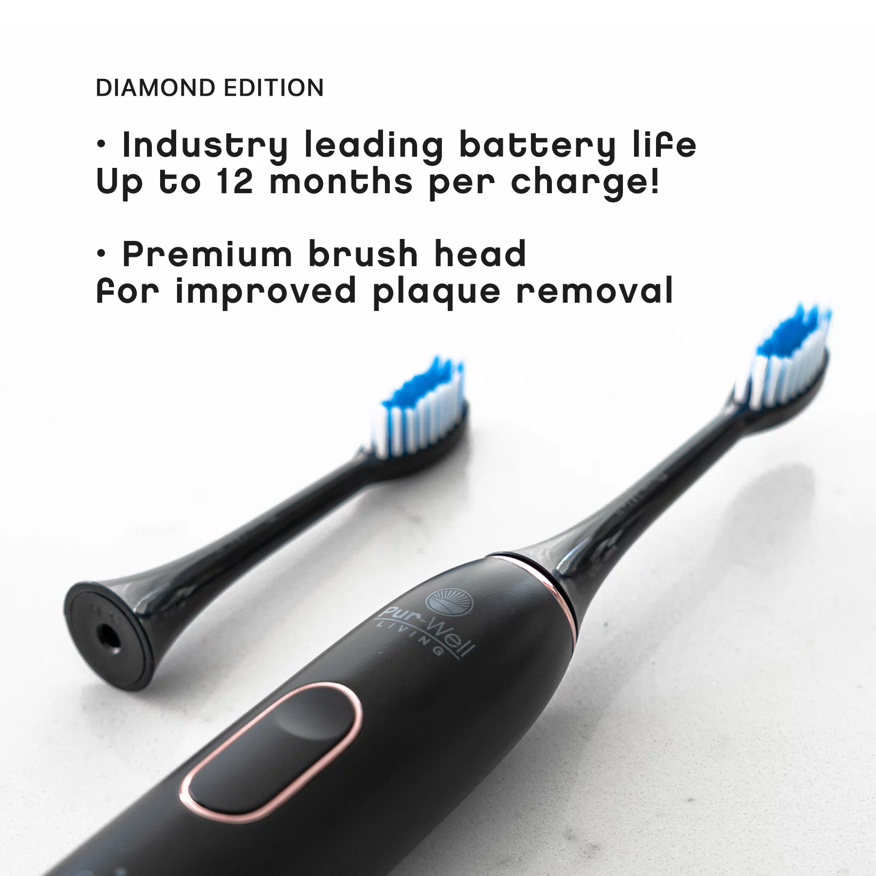 Pur-Well Living Pur-Hydro Clean Dupont Brush Heads Electric USB Charging Toothbrush Waterproof Electric Toothbrush (Black (Diamond Edition))