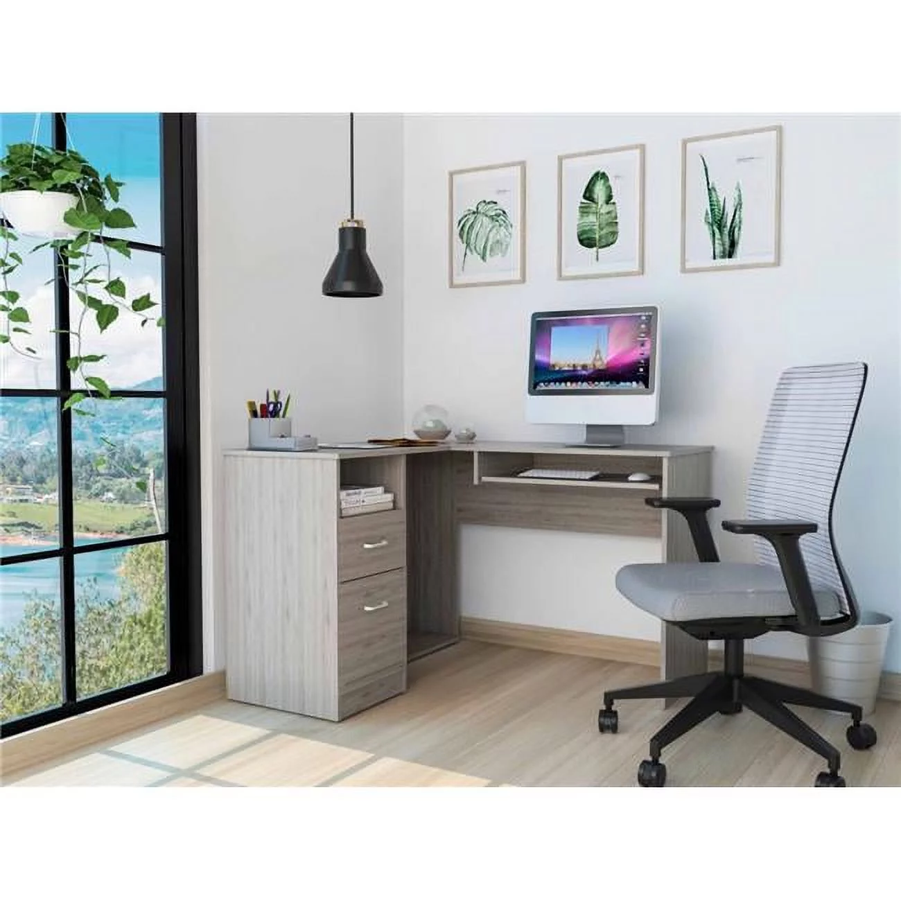 HomeRoots 403822 Thorpe L Shaped Computer Desk, Light Gray