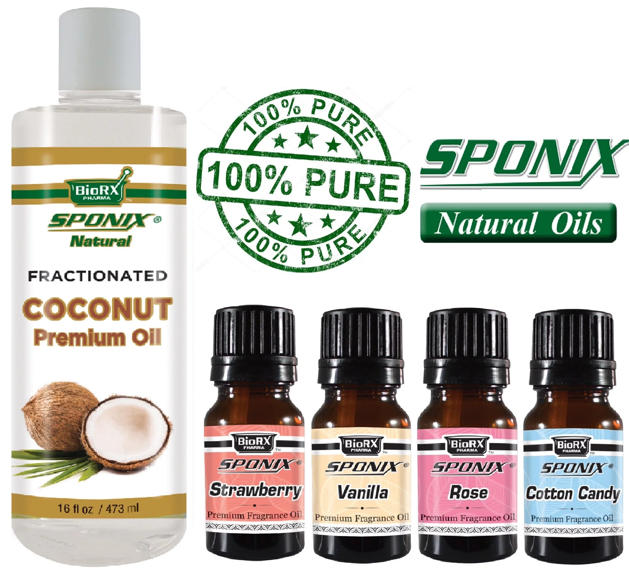 Coconut Carrier Oil 16 Oz ( 473 mL ) USDA Organic - Strawberry, Vanilla, Rose and Cotton Candy 10 mL Each - Fragrance Oils and Carrier Oil Combo - Fragrance Skincare Kit 5 by Sponix Made in USA