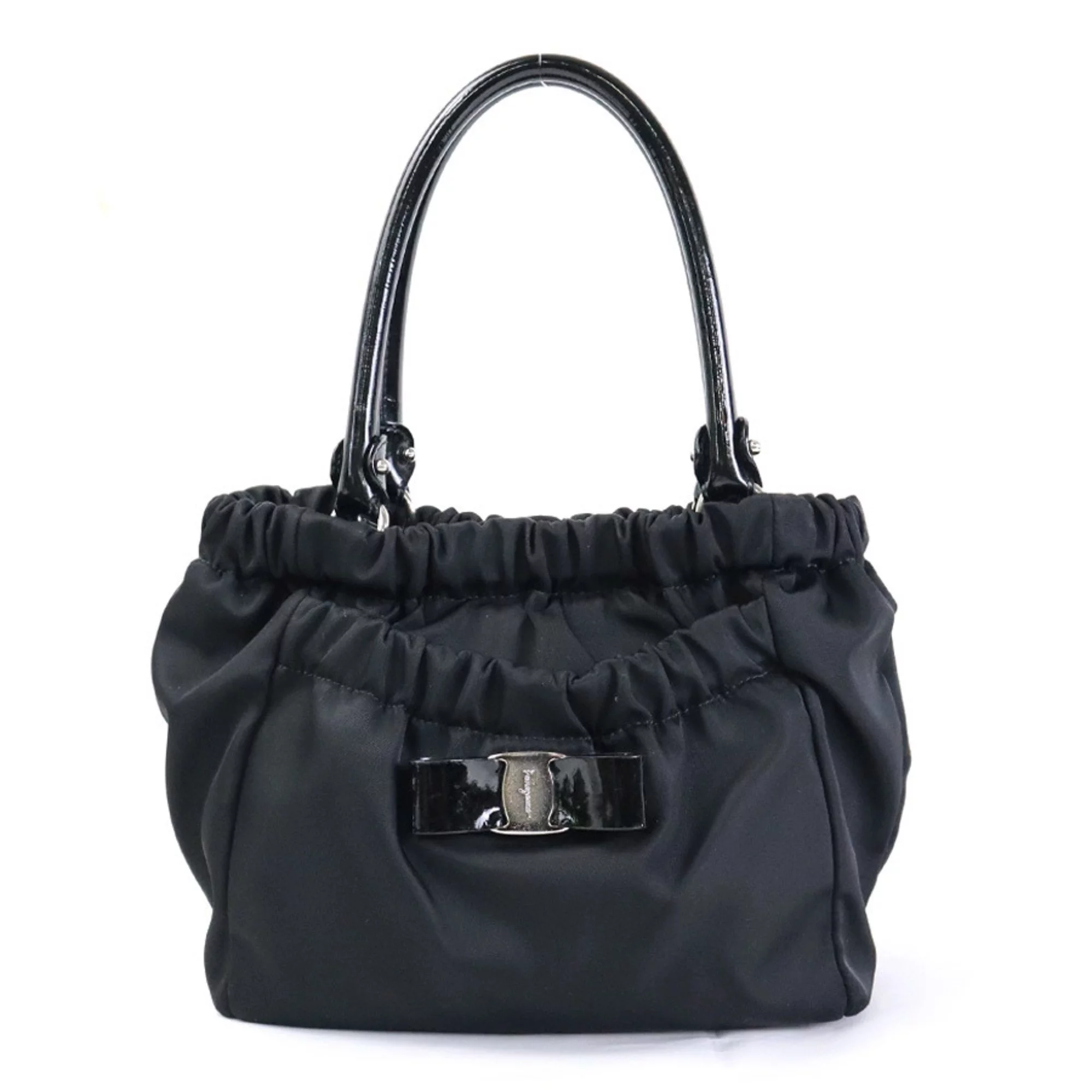 Pre-Owned Salvatore Ferragamo Handbag Valara Ribbon Nylon/Patent Leather Black Silver Ladies (Good)