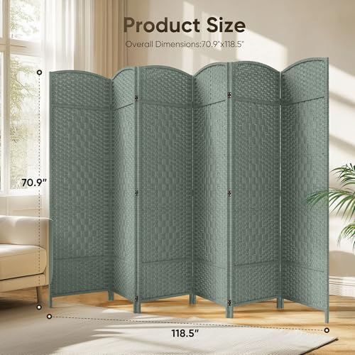 JOSTYLE Folding Privacy Room Divider, 4 Panel Screen Divider 6 ft. Tall Freestanding Extra Wide Rattan Room Partition Wall Separation Dividers, Grey