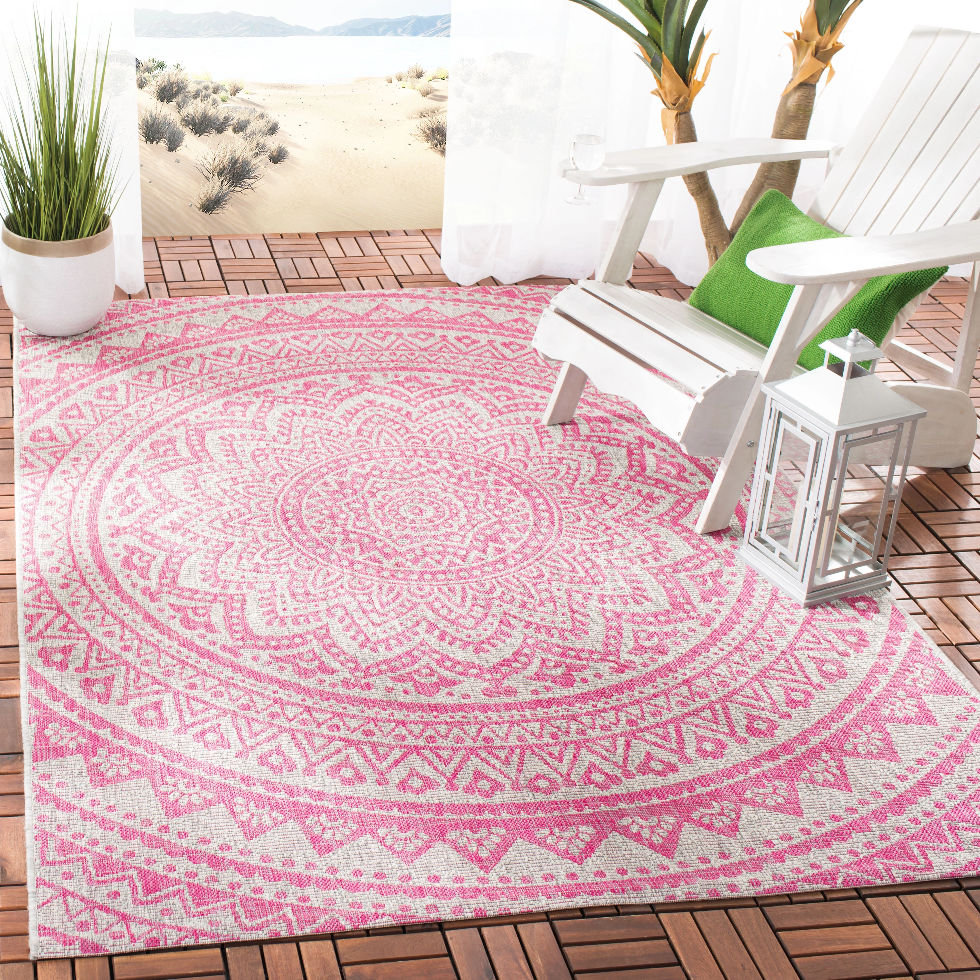 SAFAVIEH Courtyard Circin Medallion Indoor/Outdoor Area Rug, Light Grey/Fuchsia, 5'3