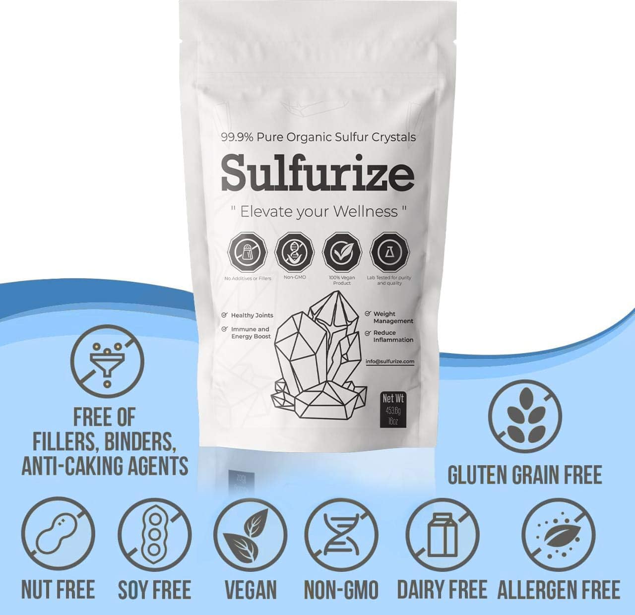 Organic Sulfur Crystals, 99.9% Pure MSM Crystals, Premium MSM Supplement - 1 LBS Pack