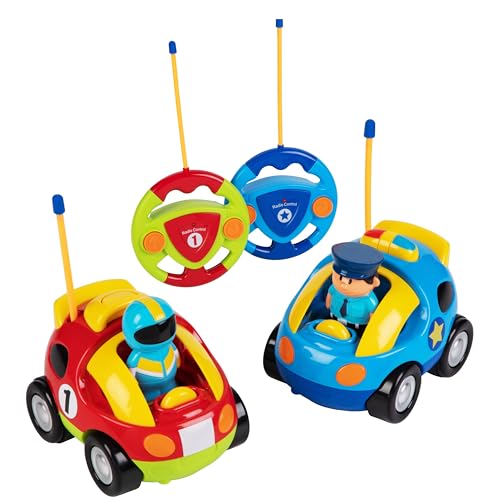 PREXTEX Cartoon Remote Control Car - 2-Pack Police and Race Car Toddler Toys - RC Cars for Kids with Different Frequencies - Easy Remote Control Toy and Thoughtful Gifts for Boys and Girls