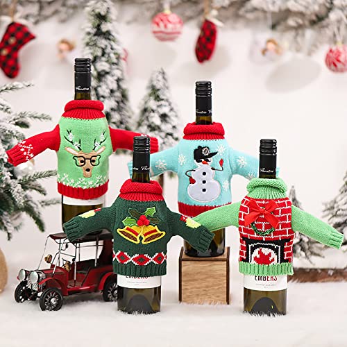 WUWEOT 4 Pack Christmas Wine Bottle Covers, Knitted Ugly Sweater Wine Bottle Dress, Xmas Party Decorations Gift