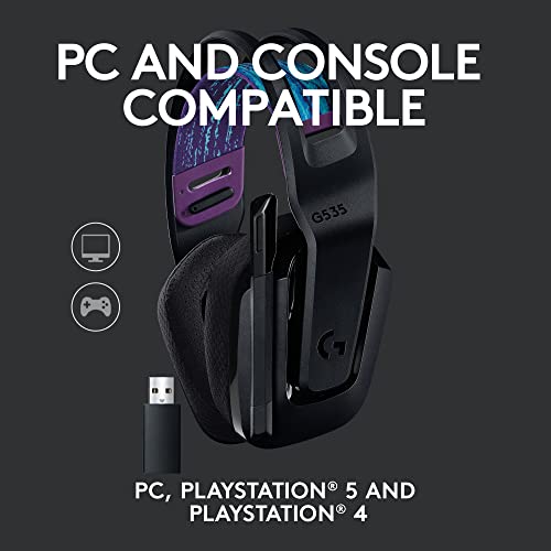 Logitech G535 Lightspeed Wireless Gaming Headset - Lightweight on-ear headphones, flip to mute mic, stereo, compatible with PC, PS4, PS5, USB rechargeable - Black