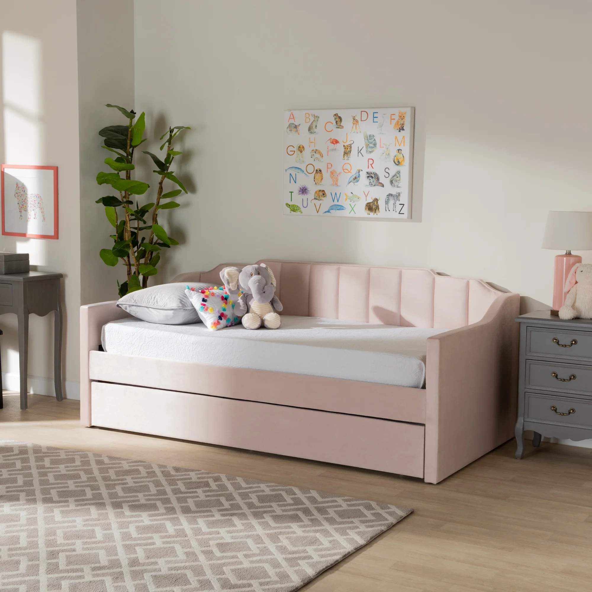 Baxton Studio Lennon Modern Engineered Wood with Trundle Daybed, Twin, Pink