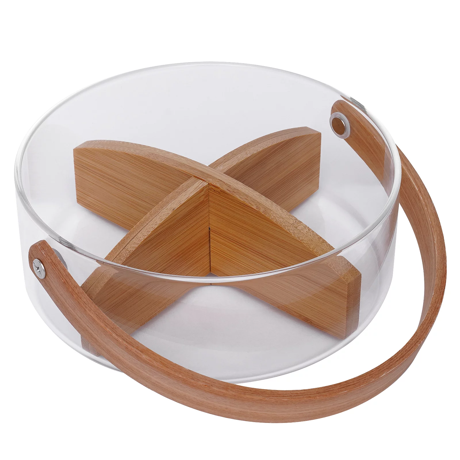 Miumaeov Fruit Serving Bowl Ice Bucket with Handle, 7.09 x 2.36 in Clear Glass Nuts Dry Fruit Snack Tray Fruit Bowl Holder Dried Fruit Basket with Wood Divider