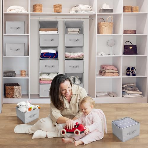 Caroeas Hanging Closet Organizer, 6-Shelf Hanging Shelves with 3 Removable Drawers and 4 Side Pockets, Hanging Shelf Organizer for Wardrobe, Bedroom and Travel, Light Gray