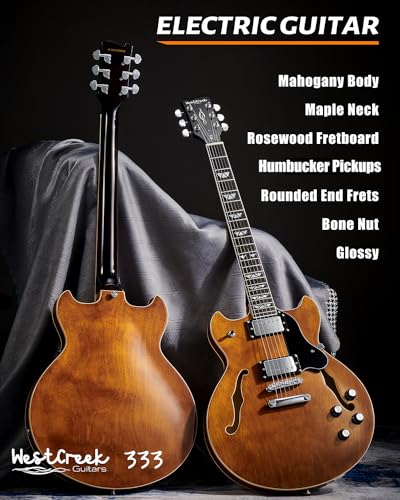 WestCreek 333 Electric Guitar with 6 String, Semi Hollow Body Jazz Electric Guitar, Humbucker Pickups, Rosewood Fretboard, Rounded End Jumbo Frets, Full size