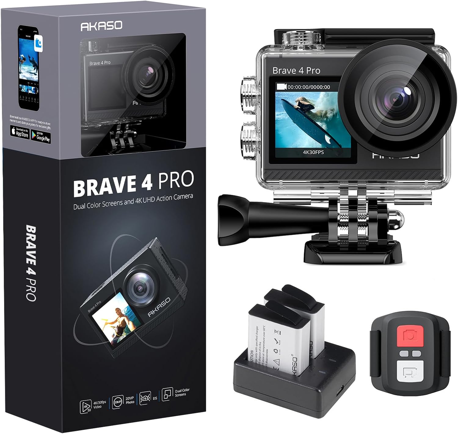 AKASO Brave 4 Pro 4K30FPS Action Camera - 131ft Underwater Camcorder Waterproof Camera with Touch Screen Advanced EIS Remote Control 5X Zoom Underwater Camera Support External Mic