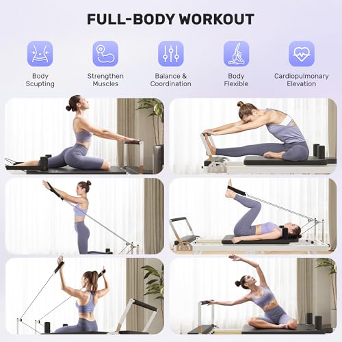 Pilates Reformer, Foldable Pilates Machine & Equipment for Home and Gym Workout with Dual Resistance and Adjustable Height Pulleys, Suitable for Advanced and Beginners Users