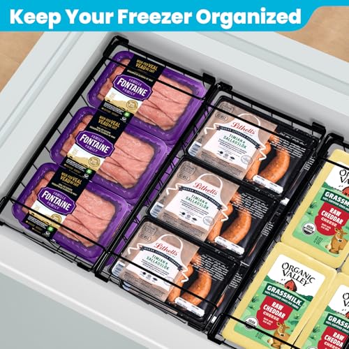 Freezer Organizer Bins, 6 Pack Deep Freezer Organizer Bins for 7 Cu.Ft Freezer Sort Frozen Meats, Chest Freezer Storage Bins with Handles Get Food Easily, Freezer Baskets for Chest Freezer Black