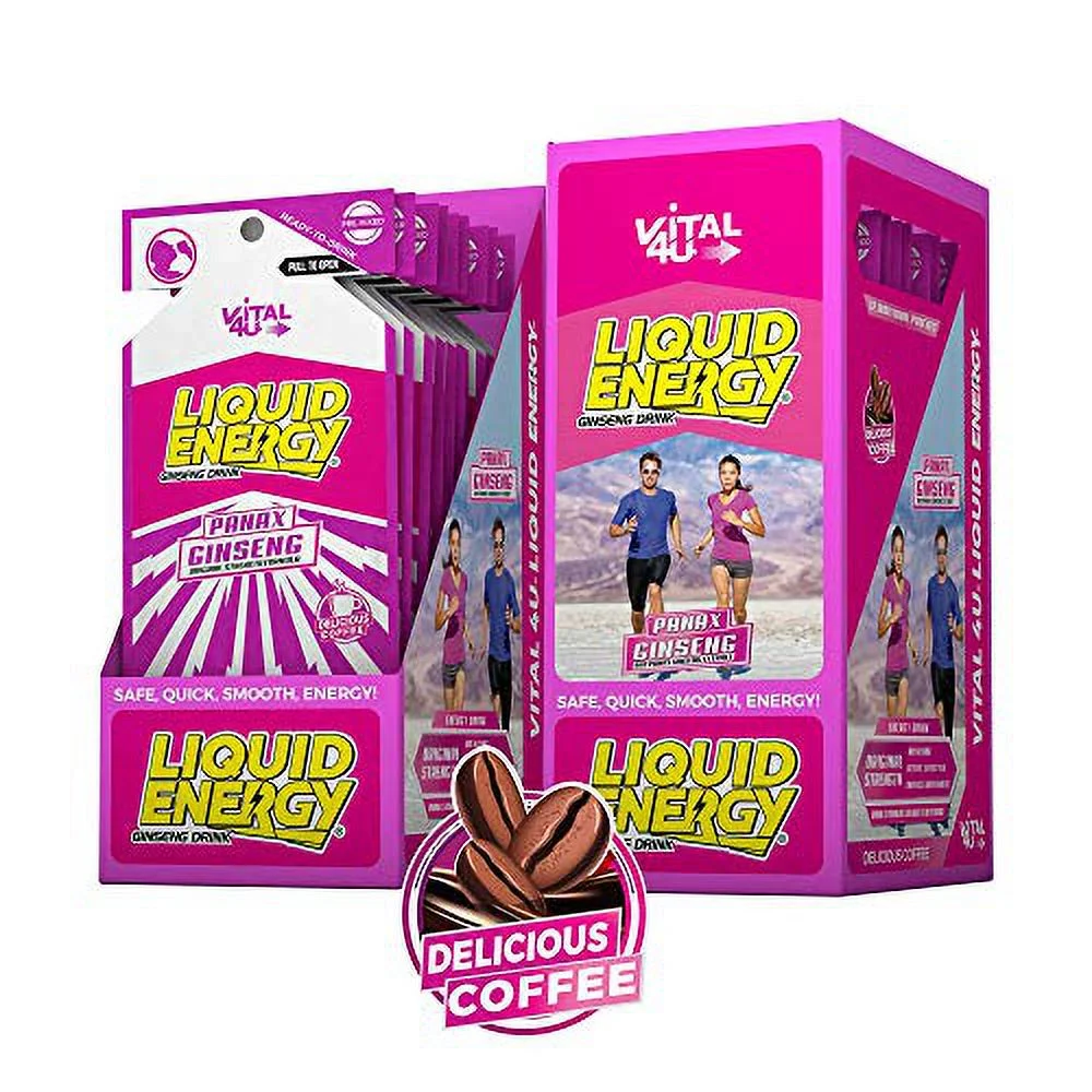 Vital 4U® Liquid Energy - Ginseng Energy Shot with Panax Ginseng Extract, B Vitamins, Natural Sweetener and Flavor, Delicious Coffee Flavor, 24 Count