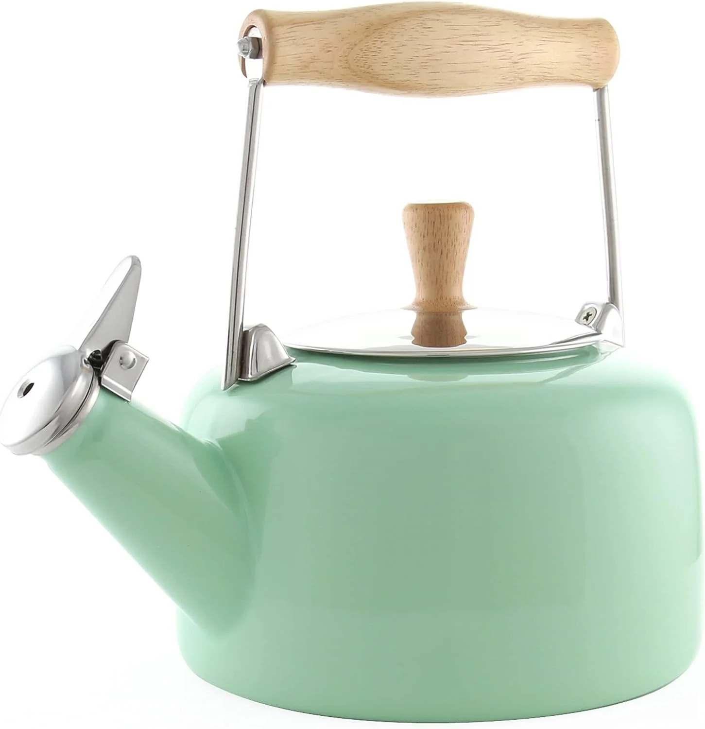 SVEN Enamel On Steel Whistling Teakettle With Natural Wood Handle, 1.4 Quarts (Mint Green)