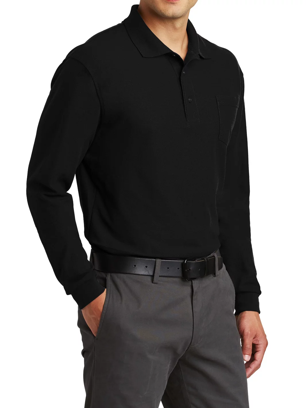 Mafoose Men's Long Sleeve Silk Touch Polo with Pocket Black Large