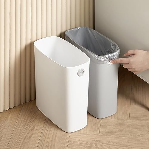 Bathroom Trash Can, Slim Shape Plastic Rectangular Garbage Can with Trash Liner Holder for Kitchen, Bedroom, Living Room, Small Indoor Waste Basket, 1.8 Gallon/ 7 Liter, White