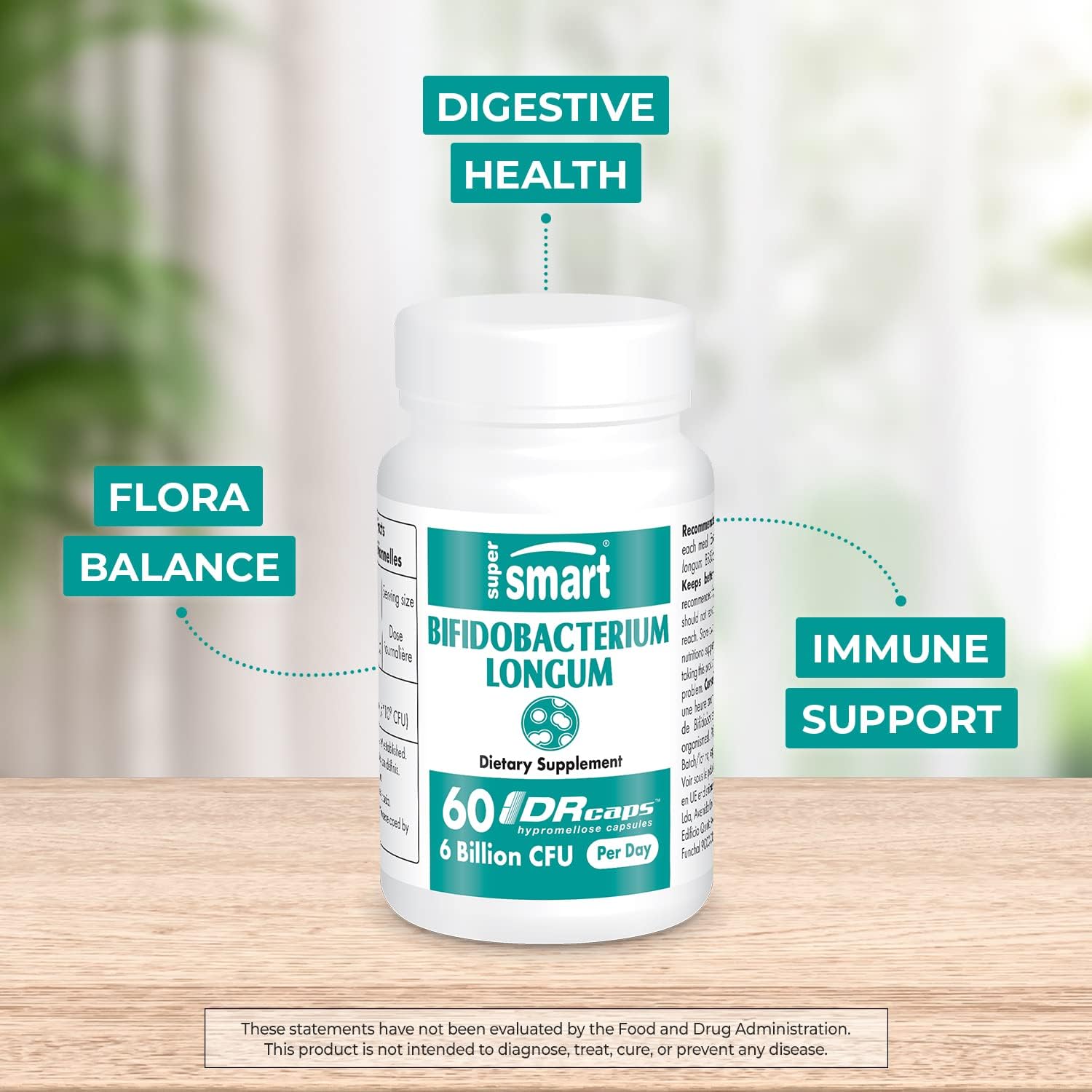 Supersmart - Bifidobacterium Longum (BB536) 6 Billion CFU per Day - Probiotics & Prebiotics Supplement | Non-GMO & Gluten Free - 60 DR Capsules