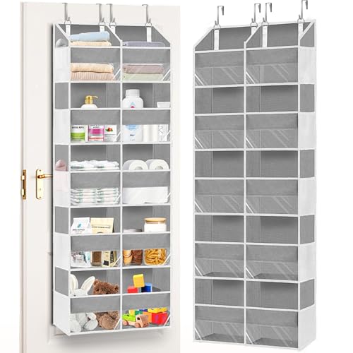 Over The Door Organizer, 5-Tier Extra Large Behind Door Storage with 10 Big Front & 10 Mesh Pockets, 80lb Capacity, Hanging Storage Organizer with Clear Window Kids Toys, Shoes, Diapers, Light Grey