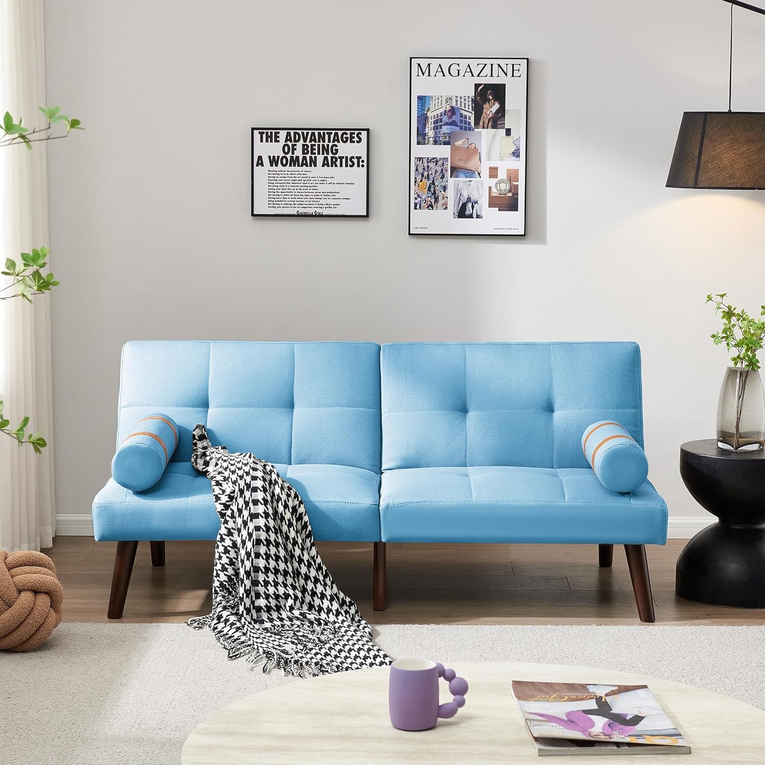Linen Futon Sofa Loveseat Convertible Sleeper Bed with Solid Wood Legs Adjustable Backrests for Living Room Blue Lake House Modern Contemporary Fabric