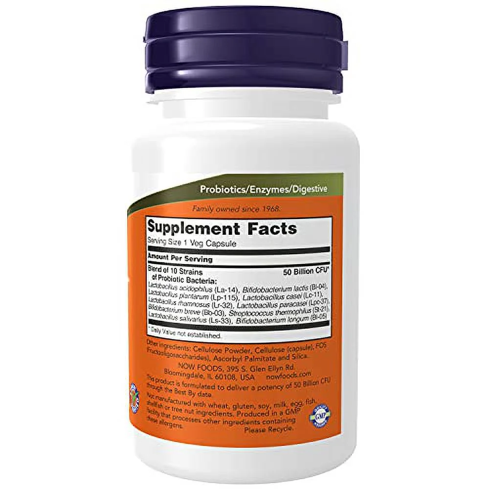 NOW Supplements, Probiotic-10, 50 Billion, with 10 Probiotic Strains, Strain Verified, 50 Veg Capsules