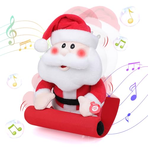 Musical Santa Claus Riding Sleigh Singing Dancing Electric Christmas Santa Stuffed Animal with Light up Cheeks, Shaking Head, Soft Plush Toy Interactive Animated Dolls Decoration Xmas Gifts