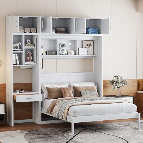 Polibi Full Size Wall Murphy Bed with Built-in Desk & Shelves - Multi-Functional Wall Bed for Small Apartments, 3 Storage Cabinets, Space Saving Foldable Bed, White