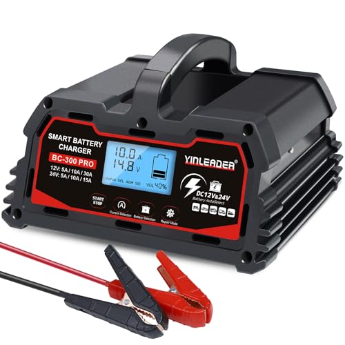 Battery Charger 40A, 12V/24V Lead Acid Smart Battery Charger, 12V LiFePO4 Car Battery Trickle Charger, Automatic Battery Maintainer for Car Motorcycle Lawn Mower Marine Boat Lead Acid Batteries