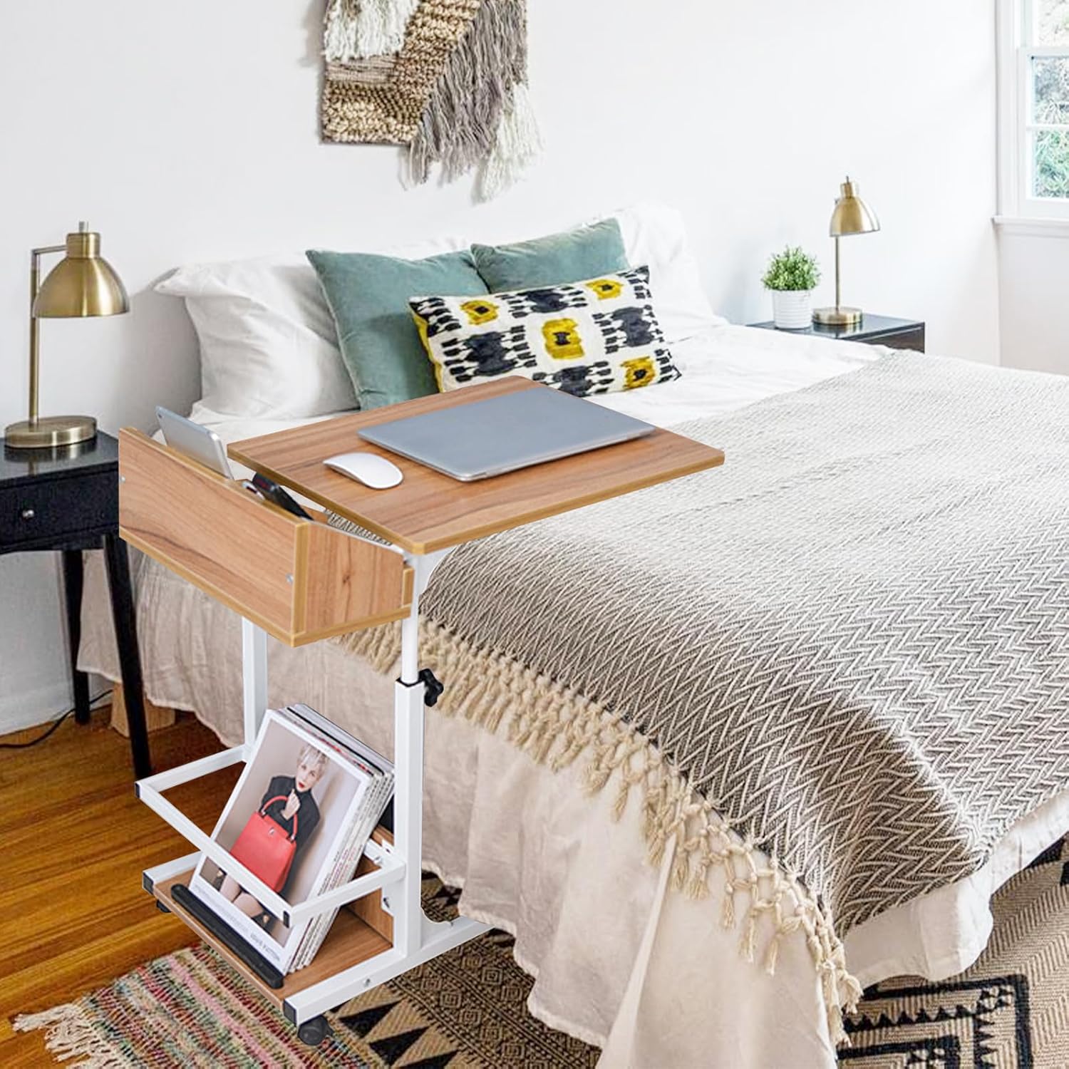 Over Bed Table with Drawer Adjustable Height and Wheels Extra Storage Space, Rounded Corners, Perfect for Bedridden, Elderly, or Hospital Use