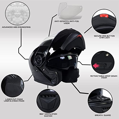 Milwaukee Helmets MPH9815DOT Breeze Gloss Black Advanced Motorcycle Modular Helmet Biker w/Drop Down Visor - XX-Large