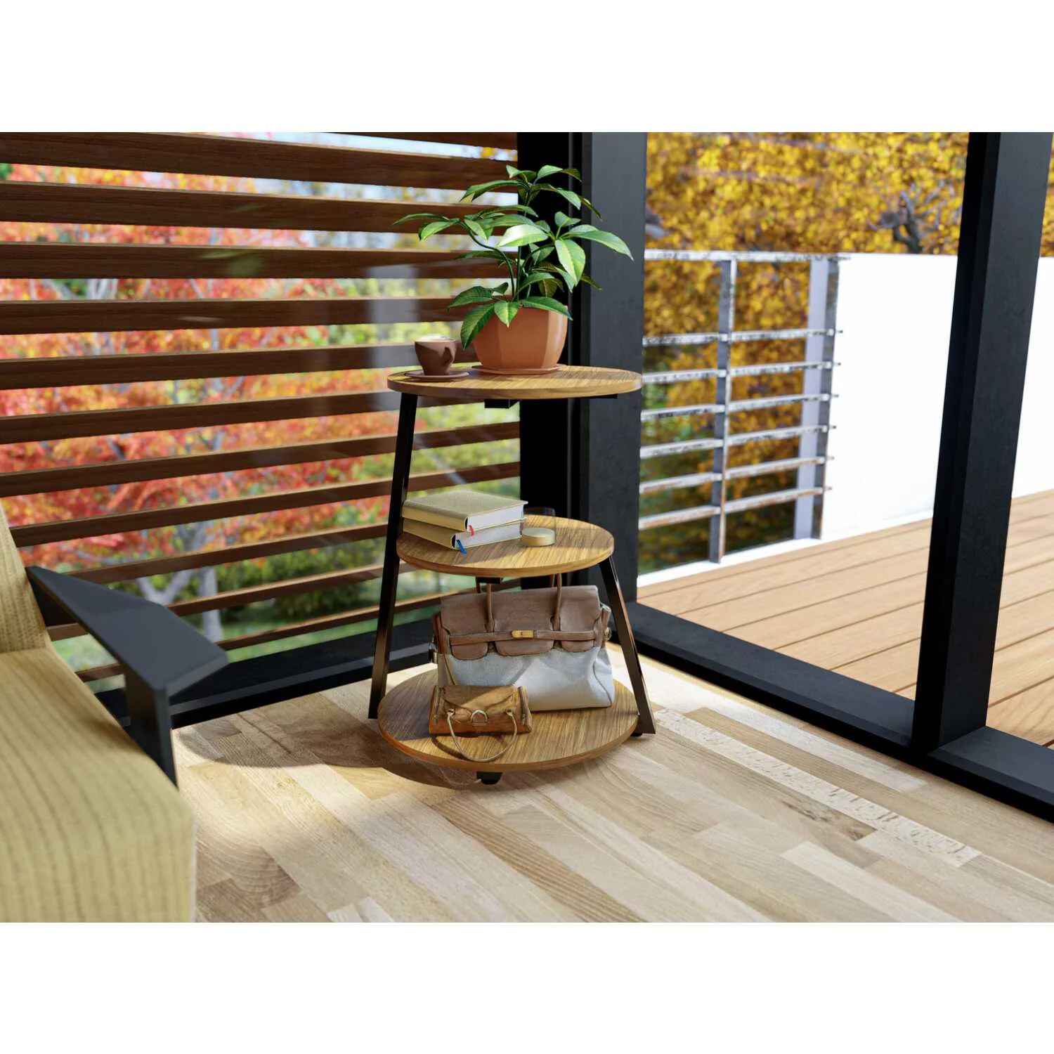 East West Furniture Driscoll Round Wooden and Metal End Table in Black/Oak