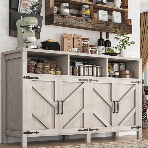 Buffet Sideboard with Storage Farmhouse with 4 Doors, 55'' Large Kitchen Storage Cabinet Wood Coffee Bar Cabinet Buffet Table with Shelves for Kitchen, Dining Room, Entryway
