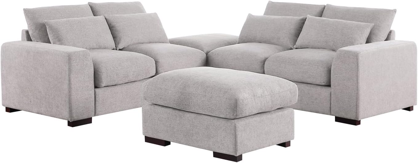 Devion Furniture Reversible Modular Sectional Fabric Sofa & Chaise with Two Ottoman-Light Gray