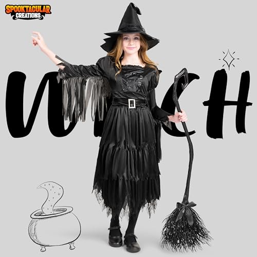 Spooktacular Creations Classic Kids Witch Costume, Toddler Gothic Sorceress Black Witch Dress with Broom and Hat for Girls Halloween Themed Parties, XL