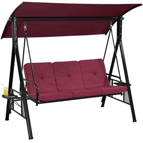 Yaheetech 3-Seat Outdoor Patio Swing Chair, Deluxe Outdoor Patio Porch Swing with Weather Resistant Steel Frame, Adjustable Tilt Canopy for Patio Garden Poolside Balcony Backyard, Burgundy