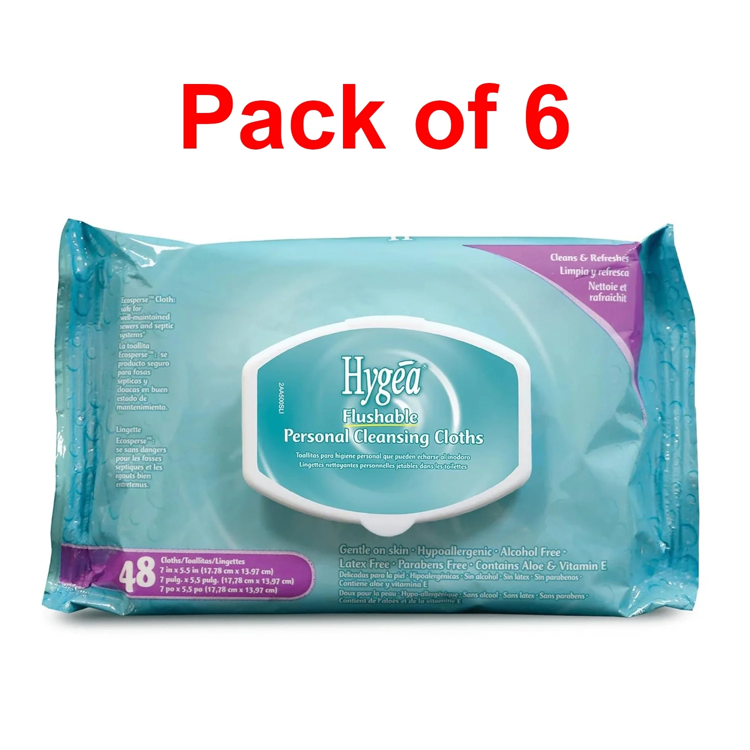 Hygea Flushable Personal Cleansing Cloths - Hypoallergenic Moisturizing Disposables Wipes for All Ages Containing Aloe & Vitamin E - Dermatologist-Tested Gentle on Skin Formula - 48 Wipes - Pack of 6