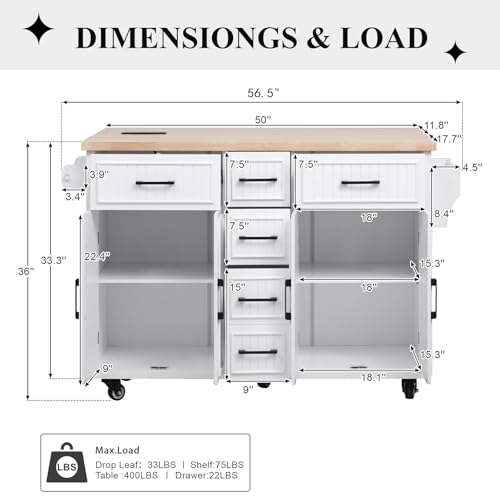 NIOIIKIT 56.5'' Kitchen Island with Drop Leaf, Rolling Trolley Island with Power Outlet (White)