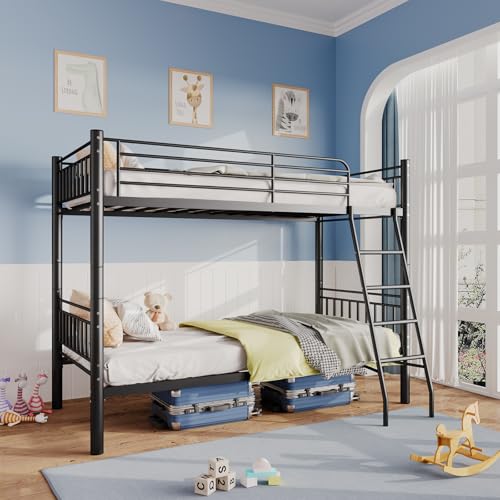 Metal Bunk Bed Twin Over Twin,Twin Bunk Beds for Adults & Kids with Ladder and Guardrail,Heavy Duty Metal Slats Support No Box Spring Needed Small Space Saving Furniture for Bedroom Dorm,Black
