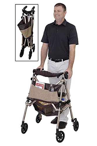 Elite Travel Rollator Short, Junior Foldable and Lightweight 4-Wheel Rolling Walker with Seat for Adults, Seniors, and Elderly, Petite Portable Rollator with Locking Brakes and Pouch