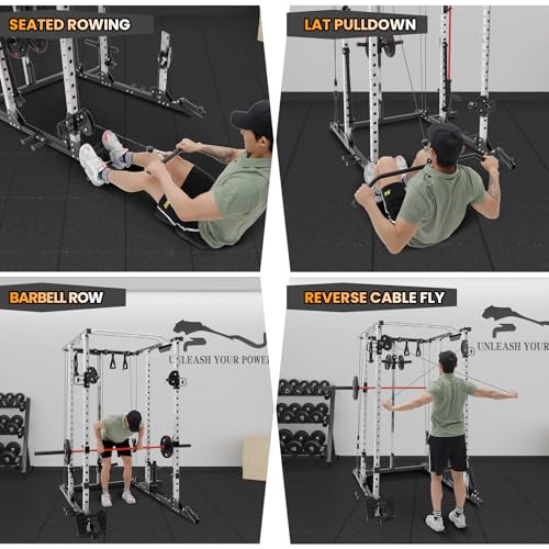 GaveeLife Power Cage, 2000 LBS Power Rack with Cable Cross-Over System, Multi-Functional Strength Training Squat Rack with LAT Pull Down System, Home Gym Equipment with Training Attachment