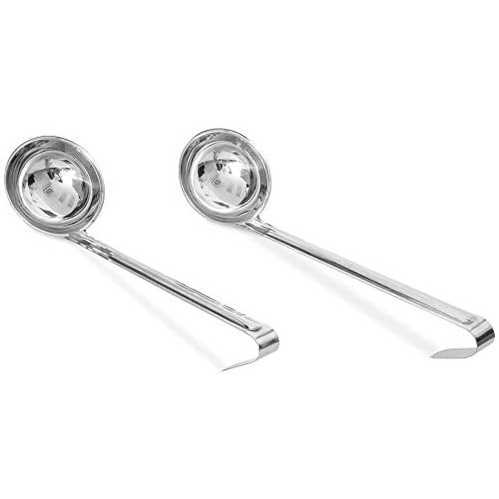 2 Pack 8 Oz Stainless Steel Soup Ladle - One-Piece Sauce Spatula with Hook Handles, Commercial Grade Serving Spoon, Kitchen Tool for Restaurant or Home Cooking, Mirror Finish, 14.25